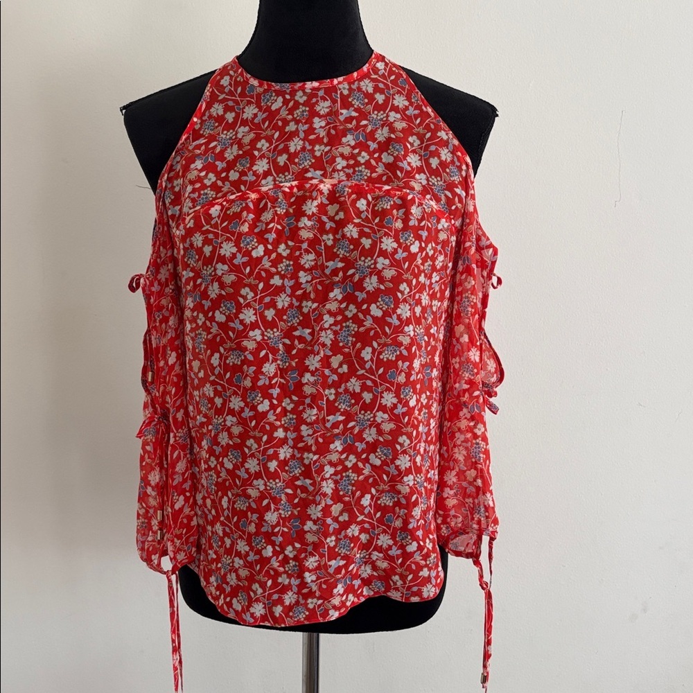 Veronica Beard 100% Silk Floral Blouse Size 2 Orange Blue White - Picture 5 of 8